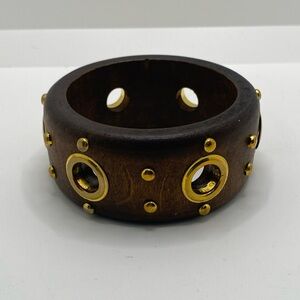 Wooden Bangle Bracelet with Gold-Tone Brass Studs Y2K Grunge